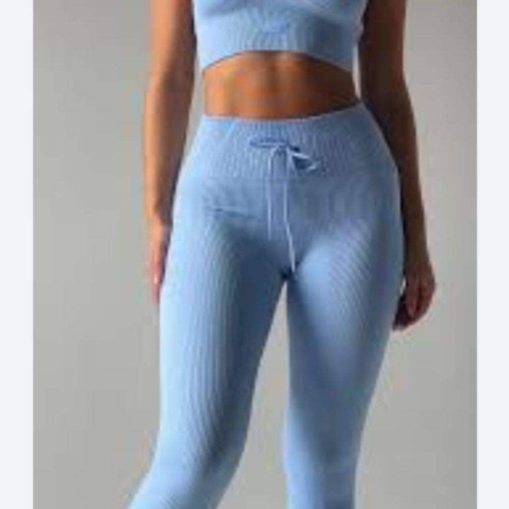 Ribbed High-Waist Drawstring Leggings in Sky Blue